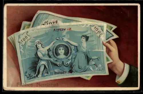 AK Prosit Neujahr mit Mark-Banknoten gehalten von einer Männerhand