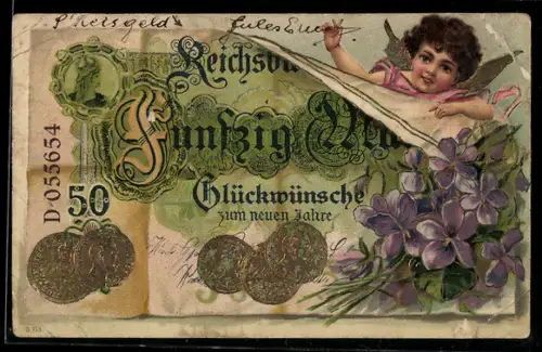 AK Reichsbanknote 50 Mark, kleiner Engel, Blumen