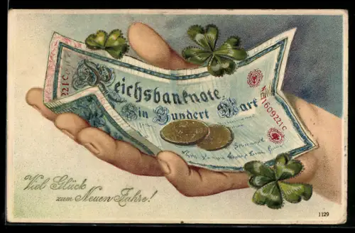 AK Münz-Geld und Banknoten als Glückwunsch zum neuen Jahr