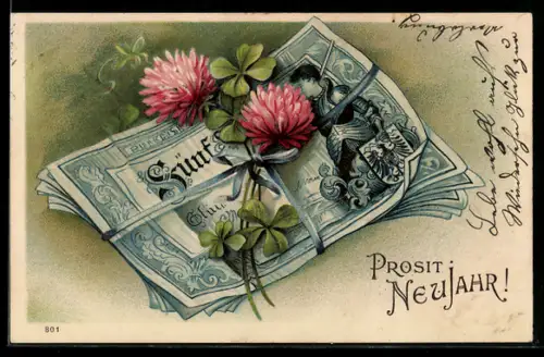 AK Geldbündel und blühender Klee, Glückwunsch zum Geburtstag