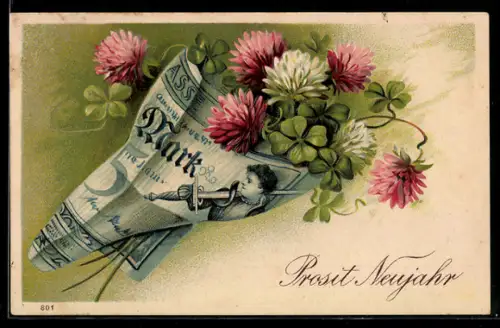 AK Geburtstagsgruss, in Geldschein eingewickelter Glückskleestrauss