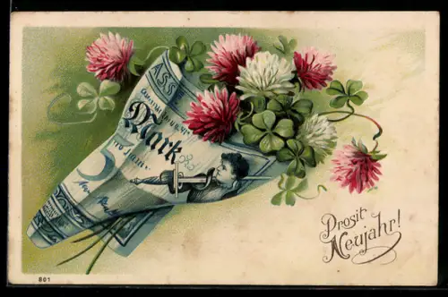 AK Geburtstagsgruss, in Geldschein eingewickelter Glückskleestrauss