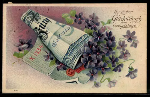 AK Gerollter Geldschein mit Veilchen, Geburtstagsgruss