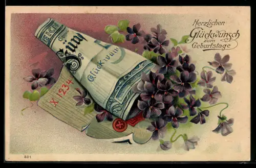 AK Gerollter Geldschein mit Veilchen, Geburtstagsgruss
