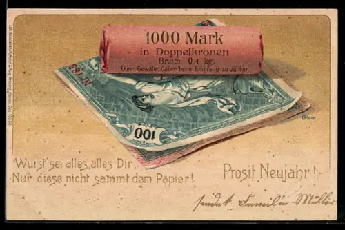 AK Neujahrsgruss mit Geldscheinen und Münzrolle
