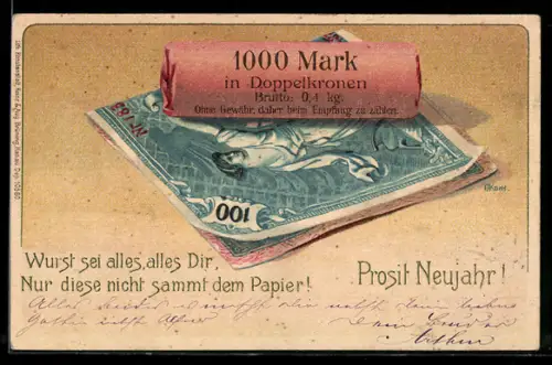 AK Neujahrsgruss mit Geldscheinen und Münzrolle