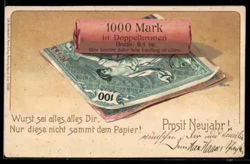 AK 1000 Mark in Doppelkronen und 100 Mark Geldschein