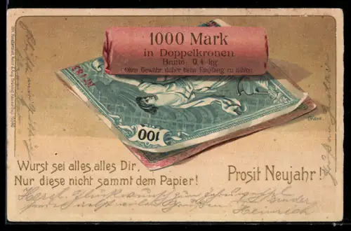 AK Neujahrsgruss mit Geldscheinen und Münzrolle
