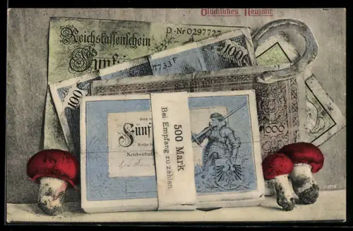 AK Geldscheine mit Hufeisen, Geldbündel 500 Mark, Fliegenpilze, Neujahrsgruss