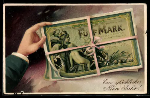 AK Frau hält einen Reichskassenschein über Fünf Mark in der Hand