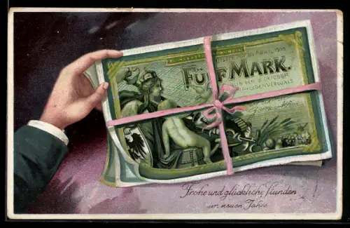 AK Frau hält einen Reichskassenschein über Fünf Mark in der Hand