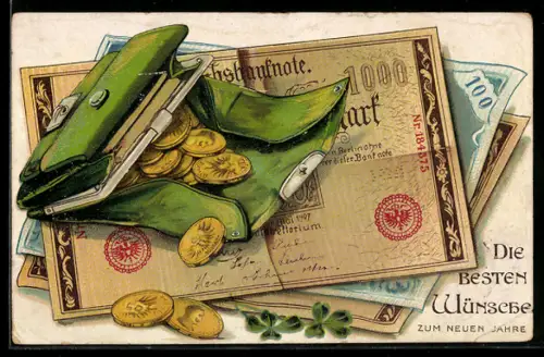 AK Herzlichen Glückwunsch zum neuen Jahre, Geldbörse mit Münzen und Banknoten