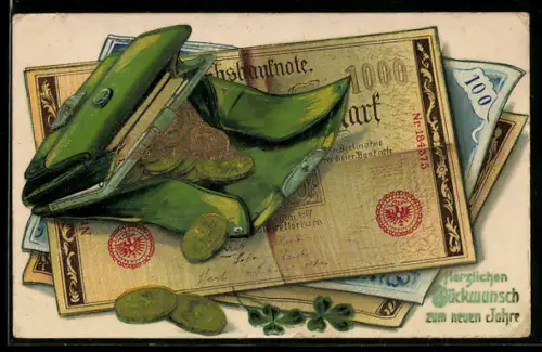 AK Herzlichen Glückwunsch zum neuen Jahre, Geldbörse mit Münzen und Banknoten