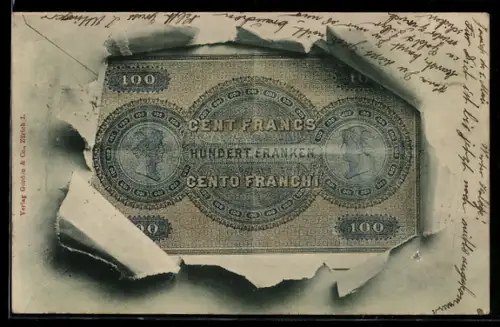 AK Französischer Geldschein durch zerrissenes Papier