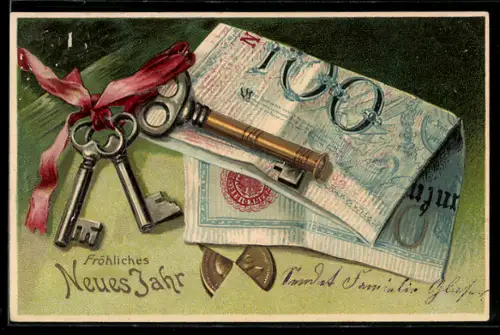 Lithographie Glückliches Neujahr, Schlüssel und Banknoten