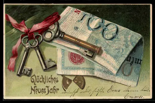 Lithographie Glückliches Neujahr, Schlüssel und Banknoten