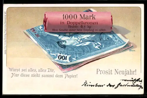AK Neujahrsgruss mit Geldscheinen und Münzrolle