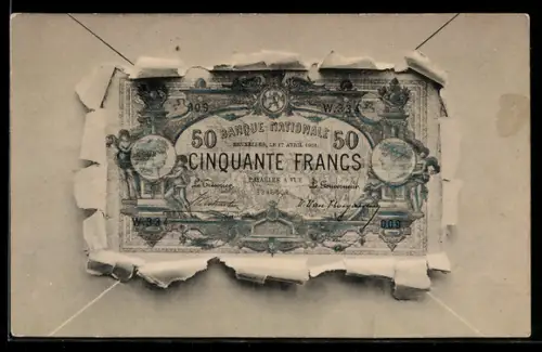 AK Geldschein Cinquante Francs in einem aufgerissenen Brief
