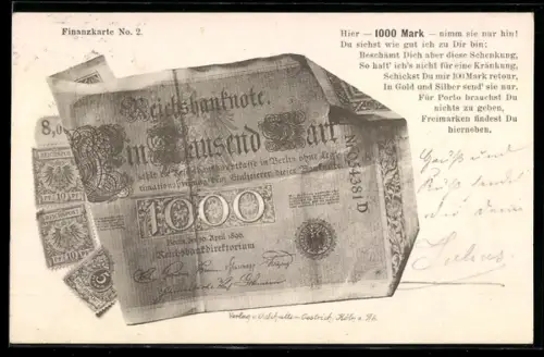 AK Geld, Hier 1000 Mark nimm sie nur hin!, Reichsbanknote