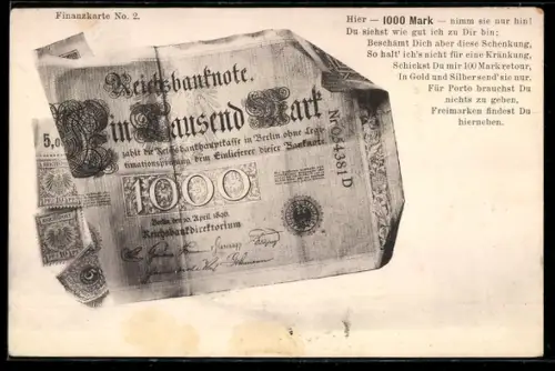AK Reichsbanknote Eintausend Mark, Zahlungsversprechen, Aufforderung zur Geldrücksendung, Briefmarken
