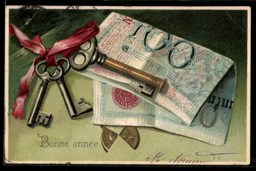 Lithographie Glückliches Neujahr, Schlüssel und Banknoten