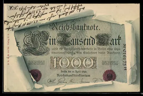 AK Reichsbanknote Eintausend Mark im aufgerissenen Umschlag, Zahlungsversprechen