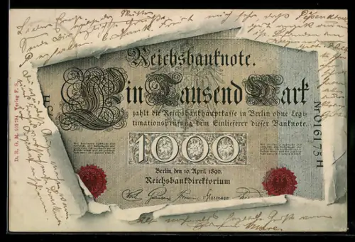 AK Reichsbanknote 1000 Mark im aufgerissenen Umschlag, Zahlungsversprechen