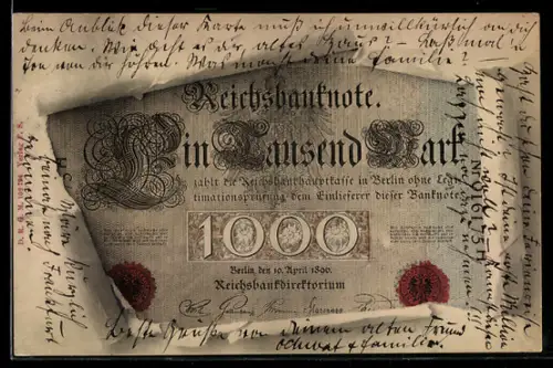 AK Reichsbanknote Eintausend Mark im aufgerissenen Umschlag, Zahlungszusage