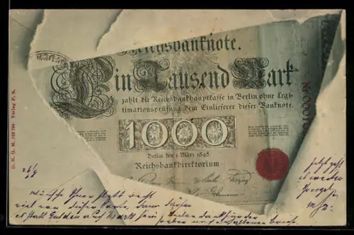 AK Tausend-Mark-Schein mit zerrissenem Papier