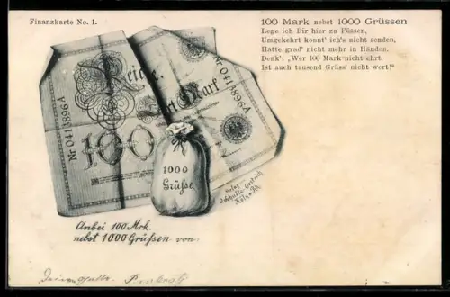 AK 100-Markschein und 1000 Grüsse, Geldsäckchen, Spruch