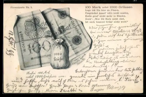 AK 100 Mark und 1000 Grüsse, Geldschein, Geldsäckchen, Spruch