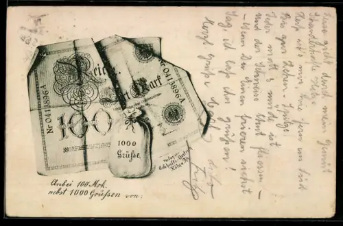 AK 100 Mark und 1000 Grüsse, Geldschein, Geldsäckchen