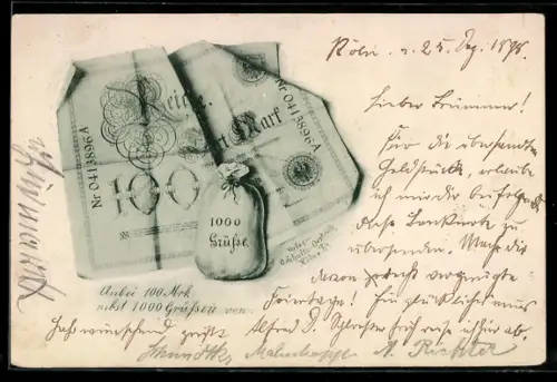 AK 100 Mark und 1000 Grüsse, Geldschein und Geldsäckchen, Spruch
