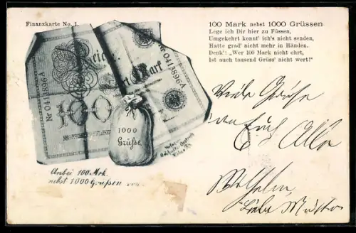 AK 100 Mark und 1000 Grüsse, Geldschein, Geldsäckchen, Gedicht