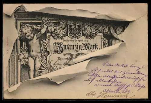 AK Zwanzig Mark mit Rahmen, Engel mit Früchten, aufgerissener Briefumschlag