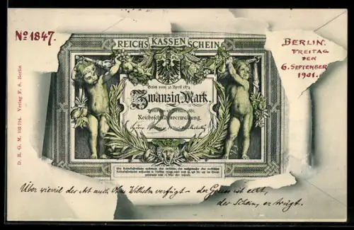 AK Zwanzig Mark, Reichskassenschein im aufgerissenen Umschlag, Kinderfiguren mit Früchten, Wappen