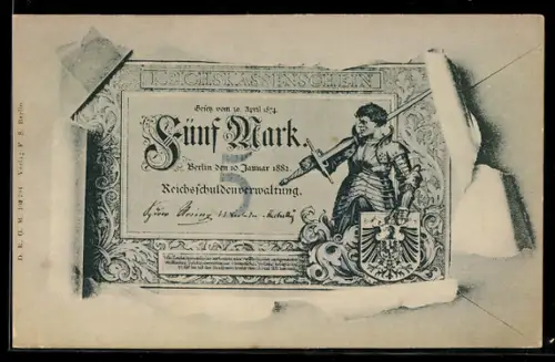 AK Berlin, Geldschein über fünf Mark durch zerrissenes Papier