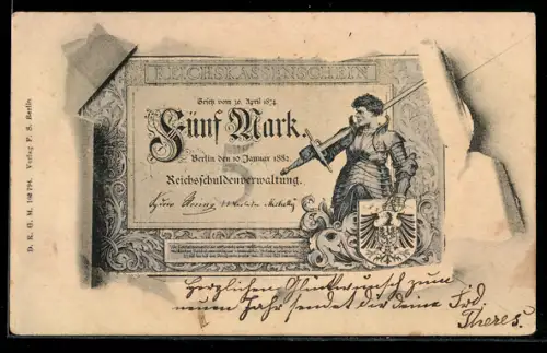AK Fünf Mark, Reichsschuldenverwaltung, Ritter mit Reichswappen, aufgerissener Briefumschlag