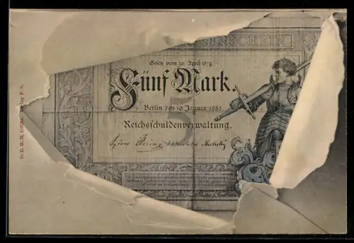 AK Fünf Mark, Reichsschuldenverwaltung, Ritter mit Schwert, aufgerissener Briefumschlag