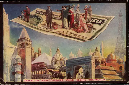 AK Gesellschaft auf fliegendem Reisescheck über berühmten Gebäuden der Welt, Reklame ABA-Cheques