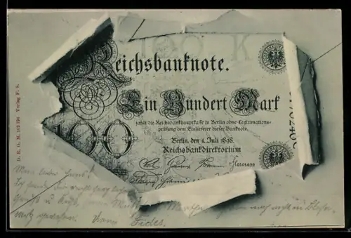 AK Reichsbanknote, 100 Mark im aufgerissenen Briefumschlag, Zahlungsversprechen
