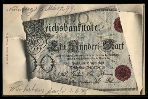 AK Beste Wünsche mit Einhundert Mark Reichsbanknote