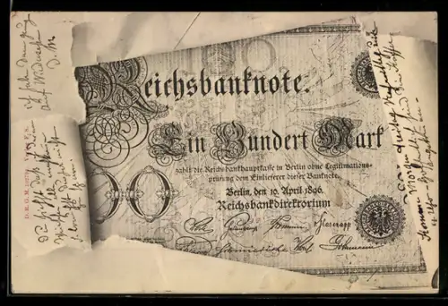 AK Berlin, Geldschein über einhundert Mark durch zerrissenes Papier