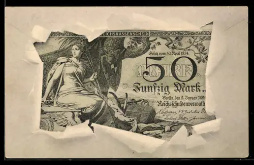 AK 50 Mark, Reichskassenschein der Reichsschuldenverwaltung, aufgerissener Umschlag, Germania mit Wappen