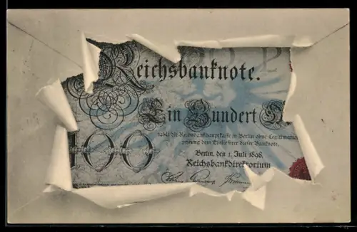 AK Berlin, Geldschein über einhundert Mark durch zerrissenes Papier
