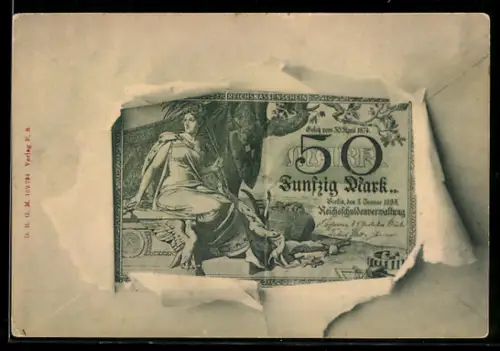 AK Reichskassenschein, 50 Mark im aufgerissenen Briefumschlag, Germania mit Wappen, Zahlungsversprechen