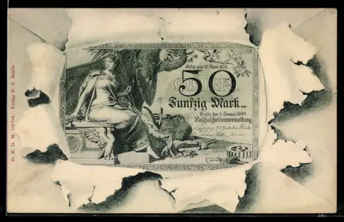AK Geldschein Fünfzig Mark schaut durch ein aufgerissenes Blatt Papier