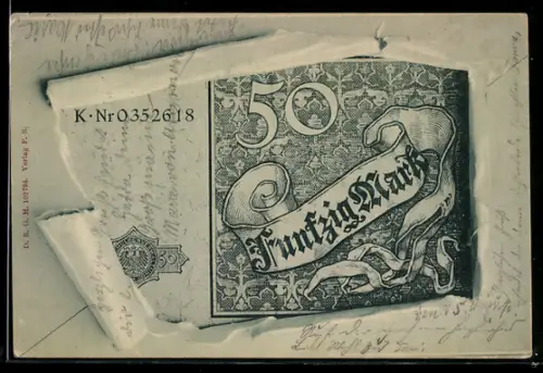 AK 50-Markschein im aufgerissenen Briefumschlag, Ornamente, Schriftband