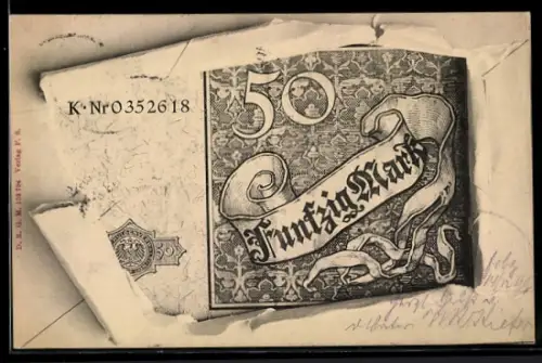 AK 50-Markschein im aufgerissenen Briefumschlag, Ornamente, Schriftband