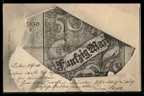 AK 50 Markschein im aufgerissenen Briefumschlag, Ornamente, Schriftband